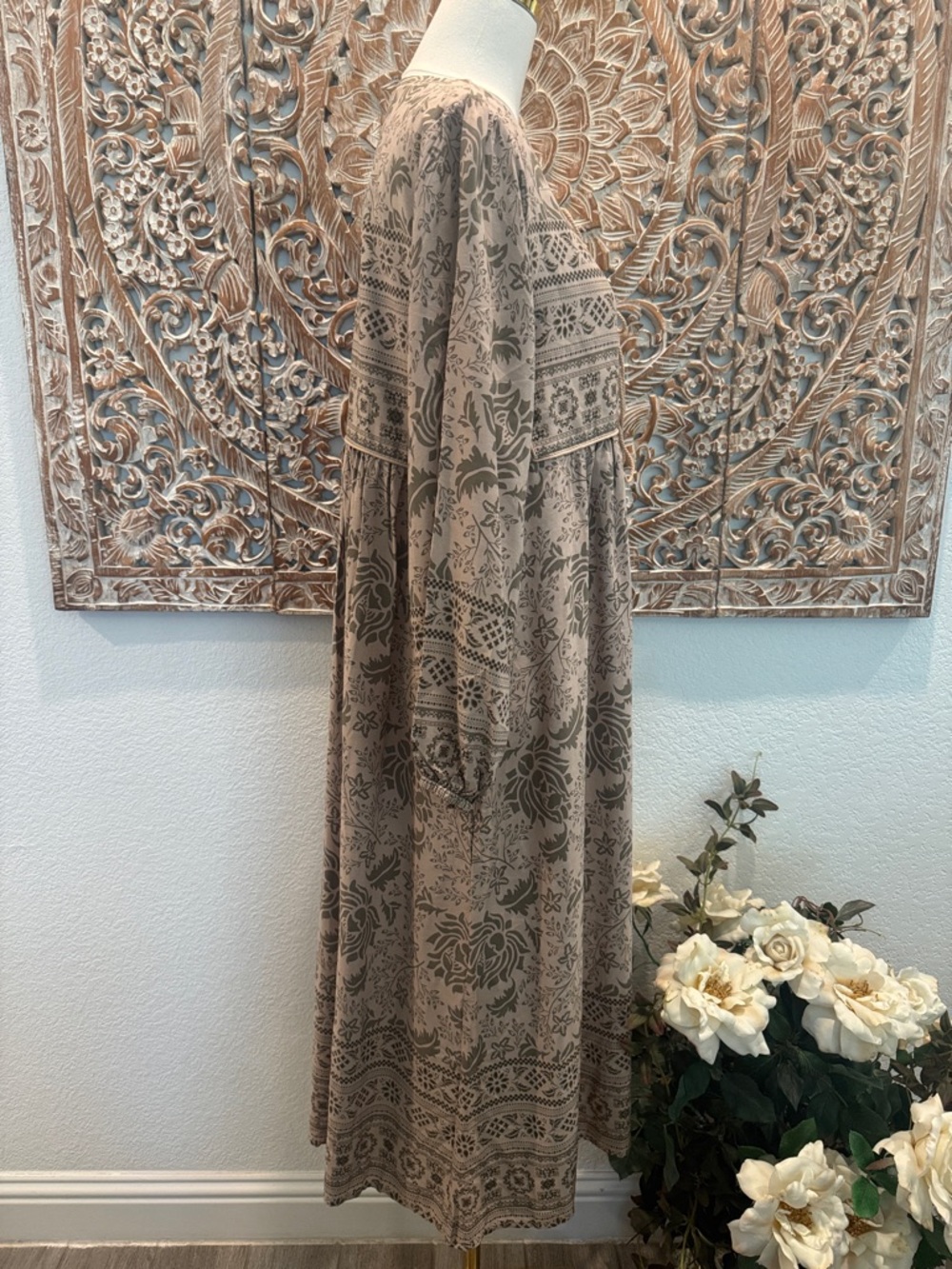 R. Vivimos Cream& Sage Bohemian Floral Flowy Midi Dress, Lightweight Comfy! - Picture 6 of 16